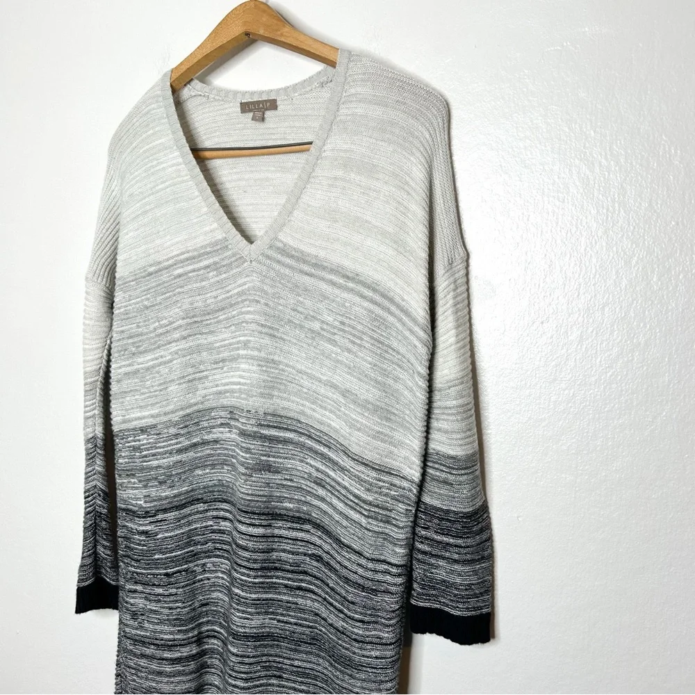 Lilla P‎ Cotton Cashmere Blend Grey Knit Stripe V Neck Sweater Dress Small S